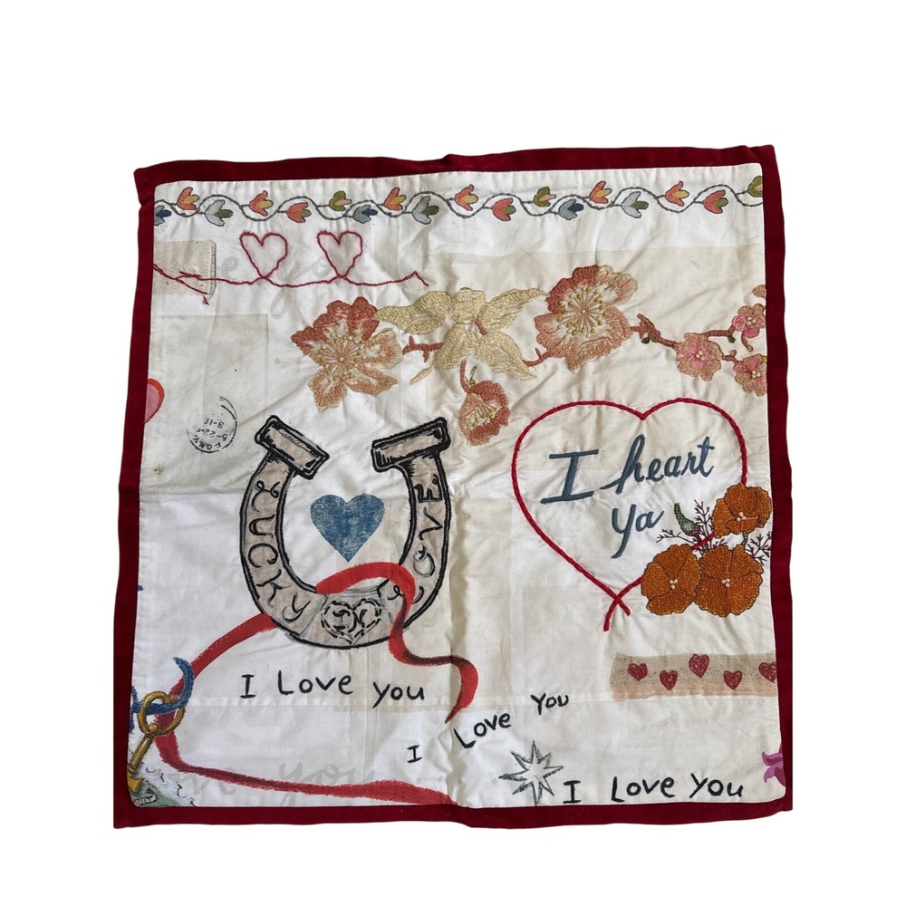 Pottery Barn Embroidered Lucky Horseshoe Heart Pillow Cover 20x20 Red Velvet